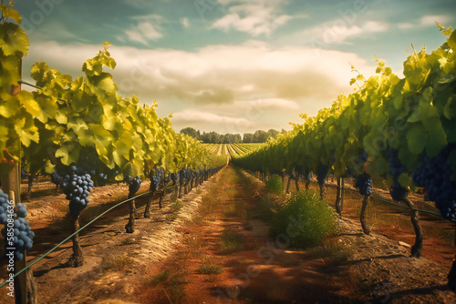 A picturesque vineyard, with rows of grapevines stretching out to the horizon and the sweet aroma of ripening grapes in the air