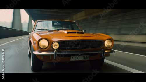 a beautiful cinematic 70s film still of a vintage american sports car falling from a tall bridge. ai generative © ZoomTeam