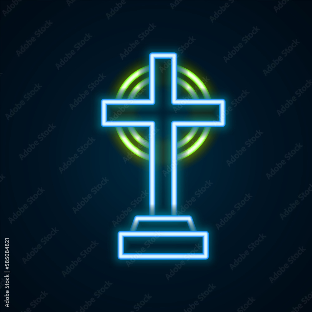 Obraz premium Glowing neon line Tombstone with cross icon isolated on black background. Grave icon. Happy Halloween party. Colorful outline concept. Vector