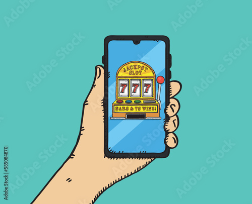 Hand-drawn vector illustration of jackpot machine displayed on phone screen. The phone is held in the hand.