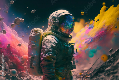 Astronaut surrounded by a vivid color bomb explosion background  ultra-realistic rendering  ideal for colorful wall art  home d  cor  and gifts for animal lovers. Generative AI