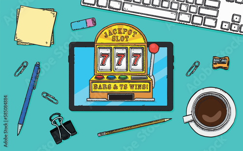 Hand-drawn vector illustration of jackpot machine displayed on tablet screen. The tablet sits on desk.