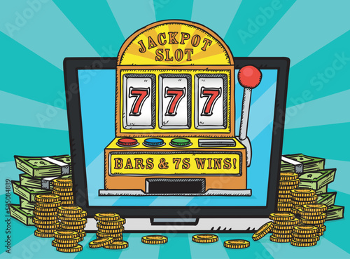 Hand-drawn vector illustration of jackpot machine displayed on laptop screen.
