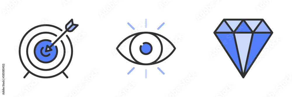 Blue line icons about mission, vision and value on transparent ...