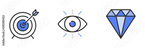 Blue line icons about mission, vision and value on transparent background. Business concept. Dartboard, eye and diamond.