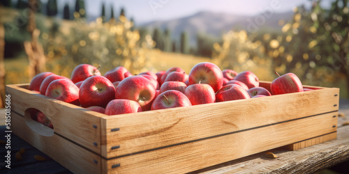 apple orchard. a wooden box of  apples. Ai generative