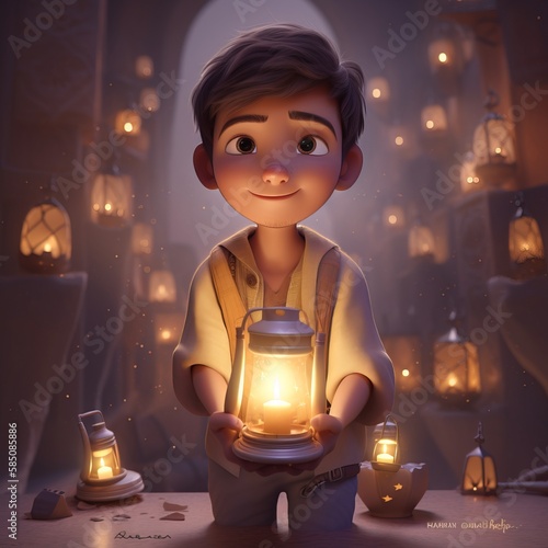  cute and adorable Muslim boy cartoon, Ramadan atmosphere, warm, fantasy, dreamlike, real, super cut - Generative AI