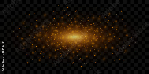 Gold glitter. Magic glowing elements. Bright golden sparks and bokeh. Abstract stardust effect. Glowing particles for banner or poster. Vector illustration.