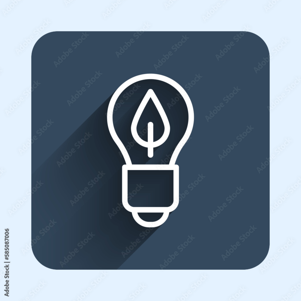 White line Light bulb with leaf icon isolated with long shadow background. Eco energy concept. Alternative energy concept. Blue square button. Vector White line Light bulb with leaf icon isolated with long shadow background. Eco energy concept. Alternative energy concept. Blue square button. Vector