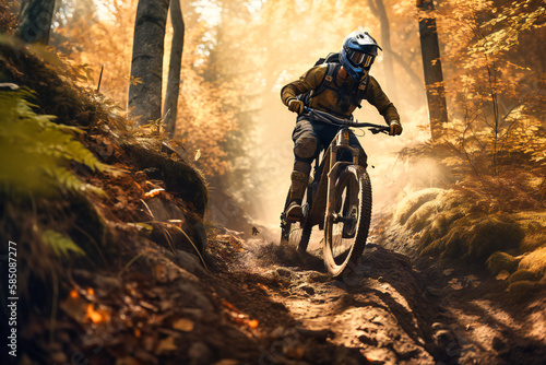 A mountain biker racing down a dirt trail on a sunny day © Nilima