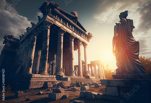 Ancient greek civilization, ancient greek temple ruins with female goddess statue with clouds and sun ray. Generative AI photo