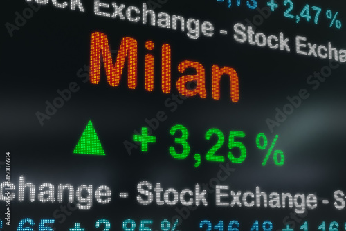 Milan stock exchange moving up. Italy, Milan positive stock market data on a trading screen. Green percentage sign and ticker information. Stock exchange and business concept. 3D illustration