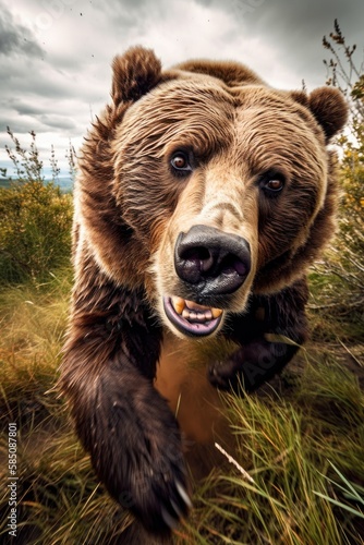 Furious Grizzly bear attacking rushing toward the camera. Generative AI