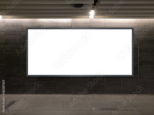Horizontal blank advertising banners posters mockup in underground tunnel walkway; out-of-home OOH media display space, lightbox; 12 sheet template
