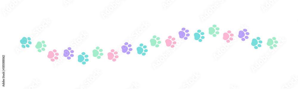 Cute pastel footprints of pets, dog or cat separator border. Paw print pattern, animal track walking vector illustration design element.