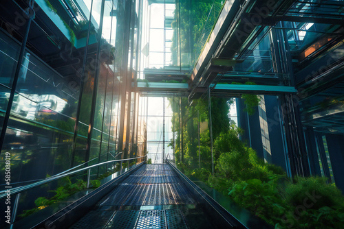 Suspended glass walkways linking towering green eco-skyscrapers