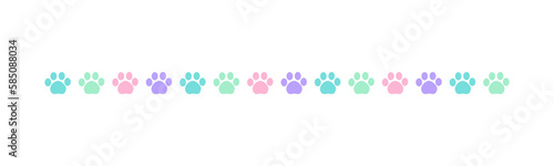 Cute pastel footprints of pets, dog or cat separator border. Paw print pattern, animal track walking vector illustration design element.