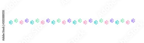 Cute pastel footprints of pets, dog or cat separator border. Paw print pattern, animal track walking vector illustration design element.