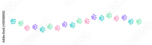 Cute pastel footprints of pets, dog or cat separator border. Paw print pattern, animal track walking vector illustration design element.