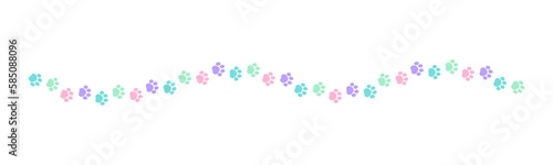 Cute pastel footprints of pets, dog or cat separator border. Paw print pattern, animal track walking vector illustration design element.