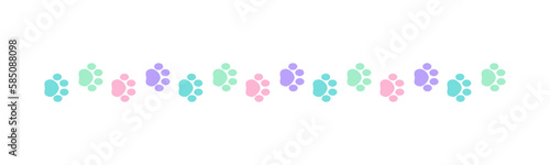 Cute pastel footprints of pets, dog or cat separator border. Paw print pattern, animal track walking vector illustration design element.