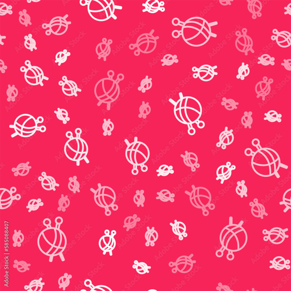 White line Yarn ball with knitting needles icon isolated seamless pattern on red background. Label for hand made, knitting or tailor shop. Vector White line Yarn ball with knitting needles icon isolated seamless pattern on red background. Label for hand made, knitting or tailor shop. Vector