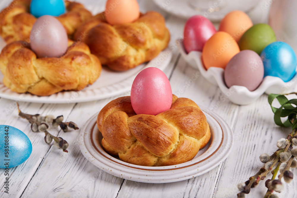 Traditional Easter bun bread in a shape of wreath made from yeast dough ...