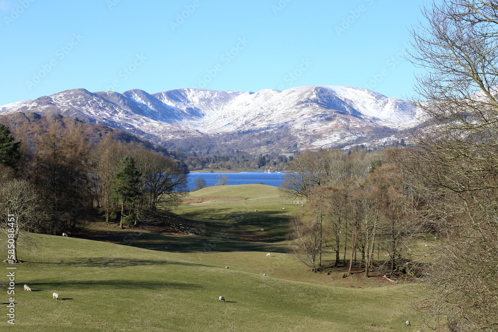 English Lake District Landscape. Snow covering the Cumbrian Mountains on a cloudless winters day.