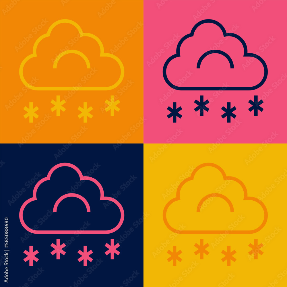 Pop art line Cloud with snow icon isolated on color background. Cloud with snowflakes. Single weather icon. Snowing sign. Vector