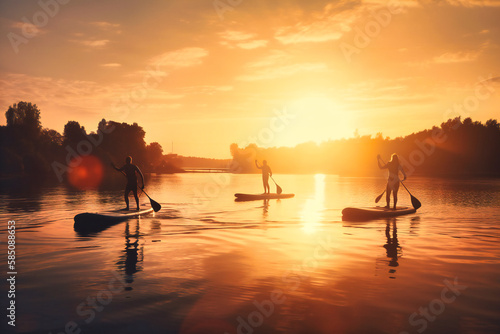 A group of people paddle boarding on a serene lake at sunset