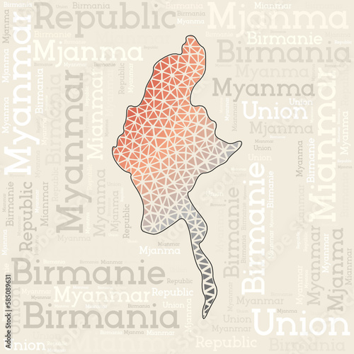 MYANMAR map design. Country names in different languages and map shape with geometric low poly triangles. Authentic vector illustration of Myanmar. photo