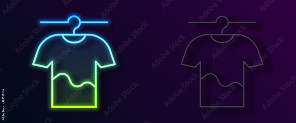 Glowing neon line Drying clothes icon isolated on black background. Clean shirt. Wash clothes on a rope with clothespins. Clothing care and tidiness. Vector Glowing neon line Drying clothes icon isolated on black background. Clean shirt. Wash clothes on a rope with clothespins. Clothing care and tidiness. Vector