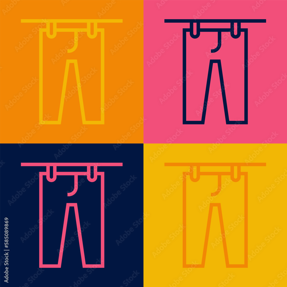 Pop art line Drying clothes icon isolated on color background. Clean pants. Wash clothes on a rope with clothespins. Clothing care and tidiness. Vector Pop art line Drying clothes icon isolated on color background. Clean pants. Wash clothes on a rope with clothespins. Clothing care and tidiness. Vector