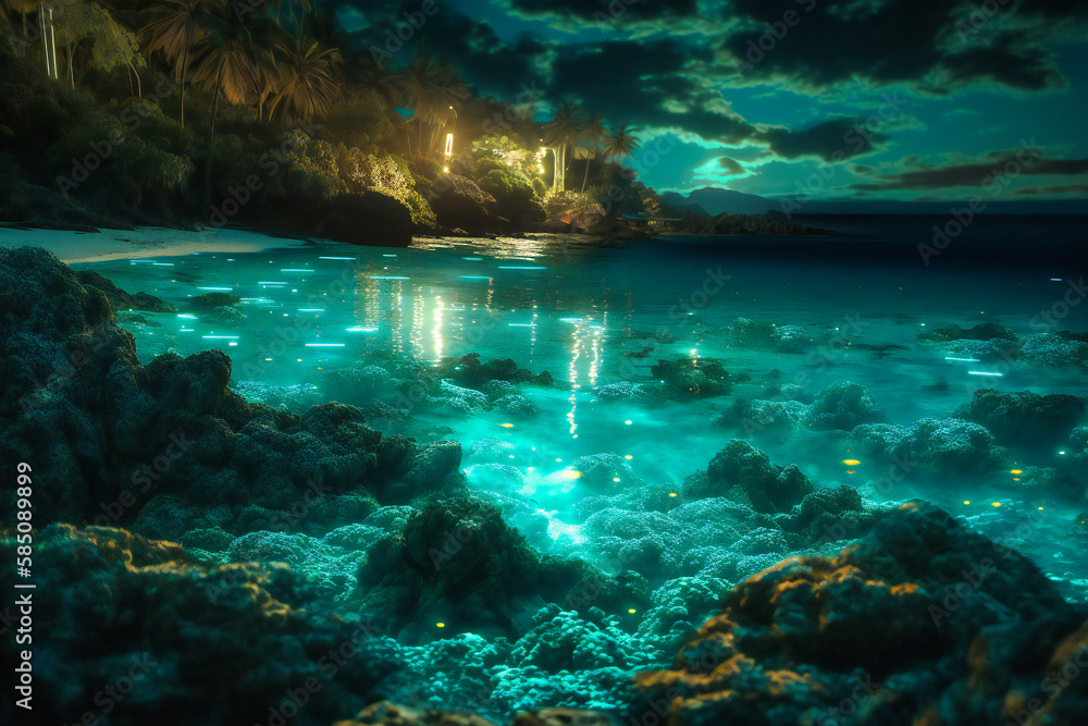 The bioluminescent waters of Puerto Rico provide a surreal summer travel background, where the ocean glows at night with a mystical blue-green light - obrazy, fototapety, plakaty 