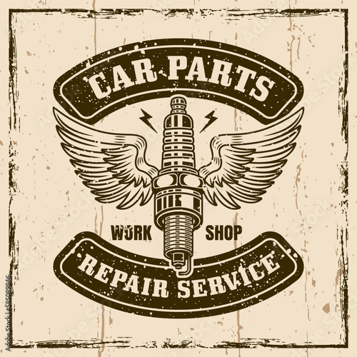 Spark plug with wings vector emblem, logo, badge, label, sticker in vintage style on grunge textures background