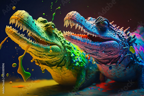 Crocodiles surrounded by a vivid color bomb explosion background, ultra-realistic rendering, ideal for colorful wall art, home décor, and gifts for animal lovers. Generative AI © ShadowHero58