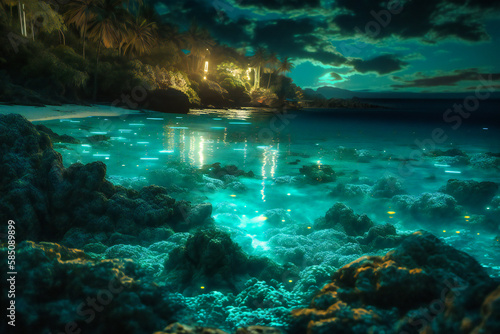 The bioluminescent waters of Puerto Rico provide a surreal summer travel background, where the ocean glows at night with a mystical blue-green light