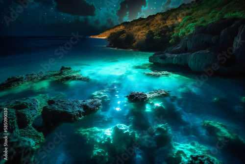 The bioluminescent waters of Puerto Rico provide a surreal summer travel background  where the ocean glows at night with a mystical blue-green light