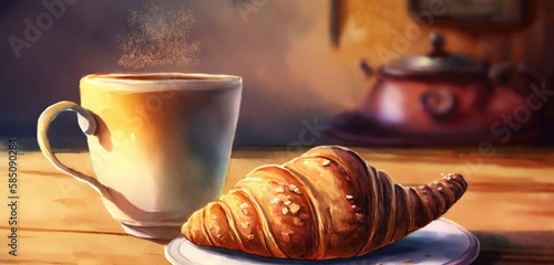drawn croissant and cup of coffee on cafe background watercolor pastry organic food illustrations Generative AI