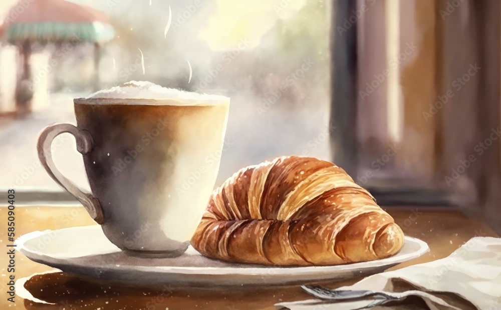 drawn croissant and cup of coffee on cafe background watercolor pastry organic food illustrations Generative AI drawn croissant and cup of coffee on cafe background watercolor pastry organic food illustrations Generative AI