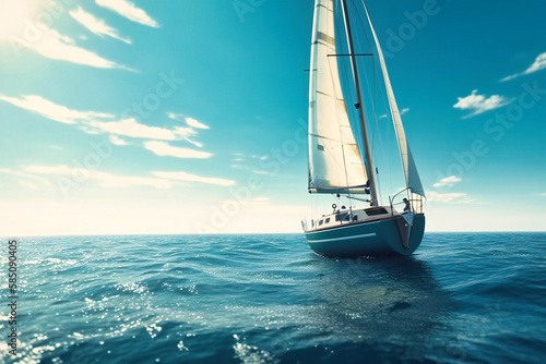 A sailboat cruising across a bright blue sea under a clear sky © Nilima