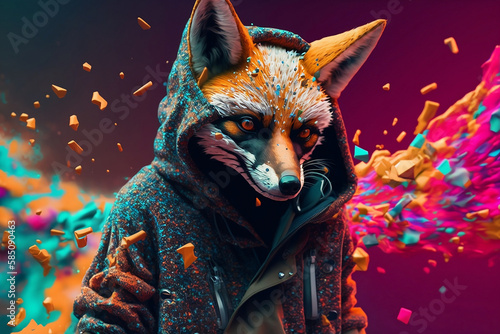Fox in a scratchy hoody surrounded by a vivid color bomb explosion background, ultra-realistic rendering, ideal for colorful wall art, home décor, and gifts for animal lovers. Generative AI © ShadowHero