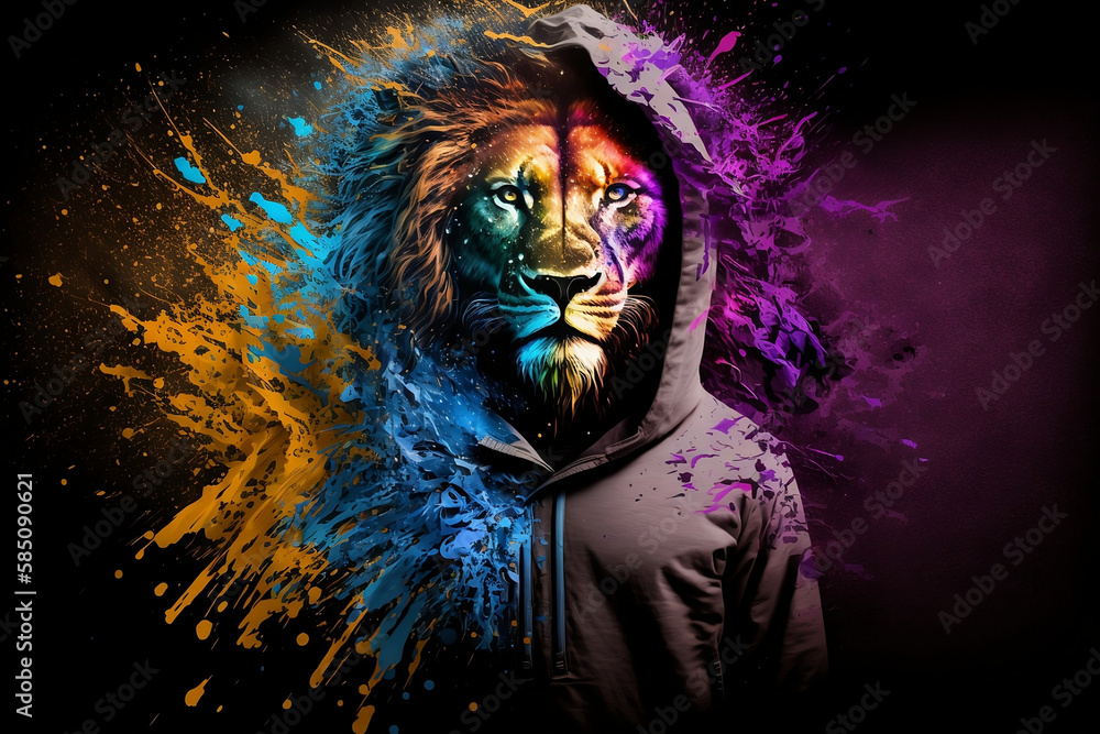Lion in a scratchy hoody surrounded by a vivid color bomb explosion background, ultra-realistic rendering, ideal for colorful wall art, home décor, and gifts for animal lovers. Generative AI