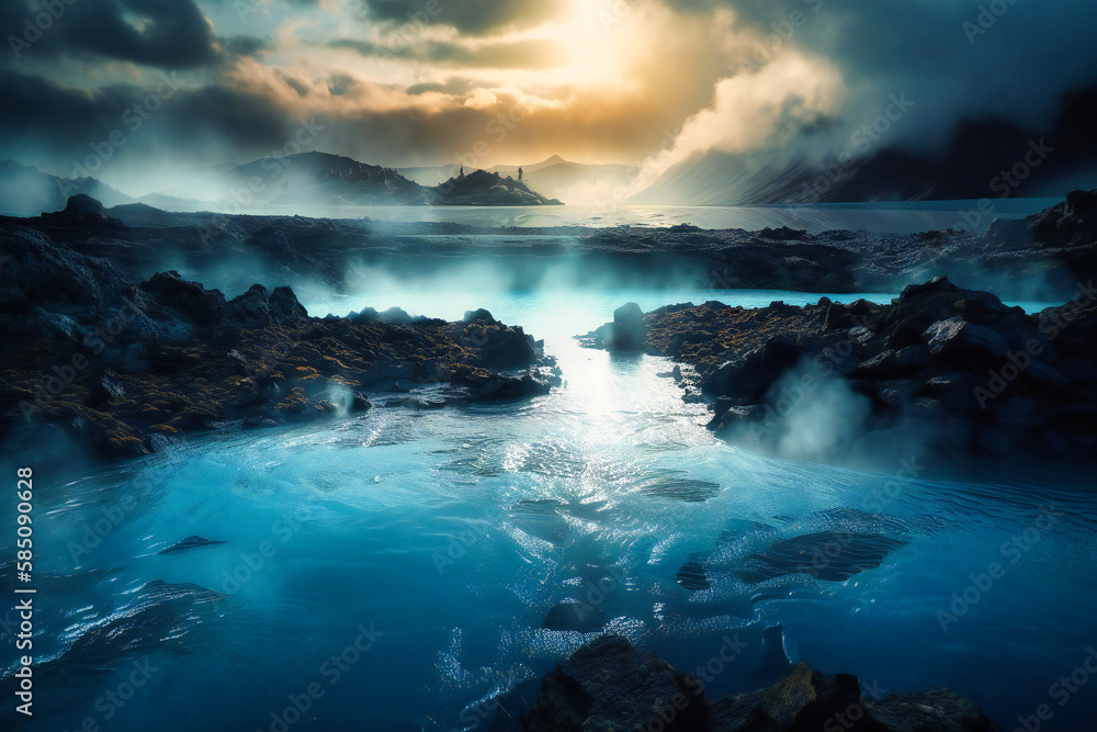 The unique and otherworldly landscape of Iceland's geothermal Blue Lagoon creates a surreal summer travel background, with steam rising from bright blue waters amidst a stark volcanic landscape The unique and otherworldly landscape of Iceland's geothermal Blue Lagoon creates a surreal summer travel background, with steam rising from bright blue waters amidst a stark volcanic landscape