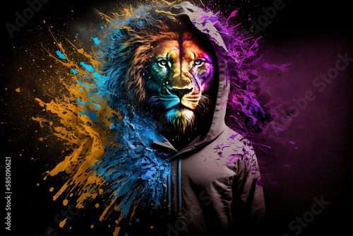 Lion in a scratchy hoody surrounded by a vivid color bomb explosion background  ultra-realistic rendering  ideal for colorful wall art  home d  cor  and gifts for animal lovers. Generative AI