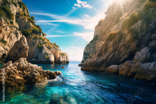 The stunning sea cliffs and rock formations of Croatia's Dalmatian Coast provide a dramatic summer travel background, with crystal-clear water and breathtaking views