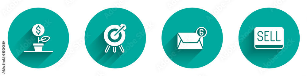 Set Dollar plant, Target financial goal, Mail and e-mail and Sell button icon with long shadow. Vector Set Dollar plant, Target financial goal, Mail and e-mail and Sell button icon with long shadow. Vector