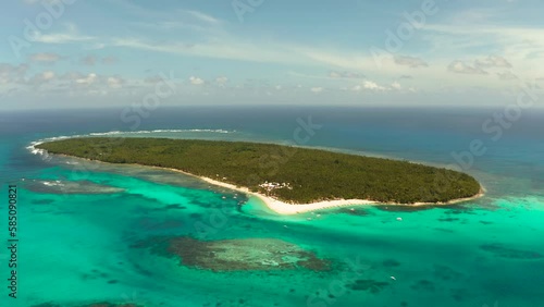 Travel concept: sandy beach on a tropical island by coral reef atoll from above. Daco island, Philippines. Summer and travel vacation concept photo