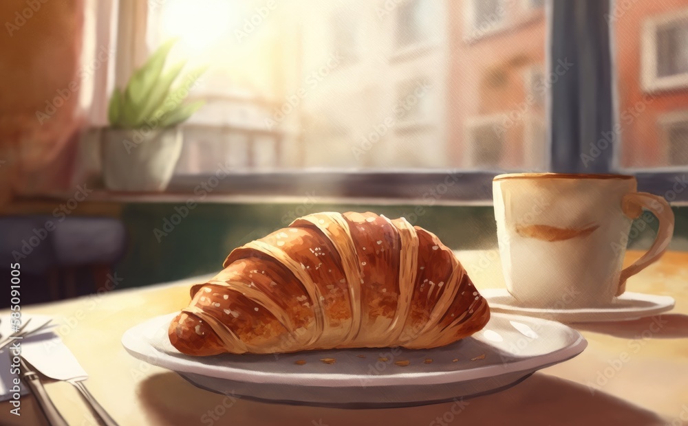 drawn croissant and cup of coffee on cafe background watercolor pastry organic food illustrations Generative AI drawn croissant and cup of coffee on cafe background watercolor pastry organic food illustrations Generative AI