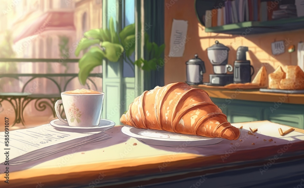 drawn croissant and cup of coffee on cafe background watercolor pastry organic food illustrations Generative AI drawn croissant and cup of coffee on cafe background watercolor pastry organic food illustrations Generative AI